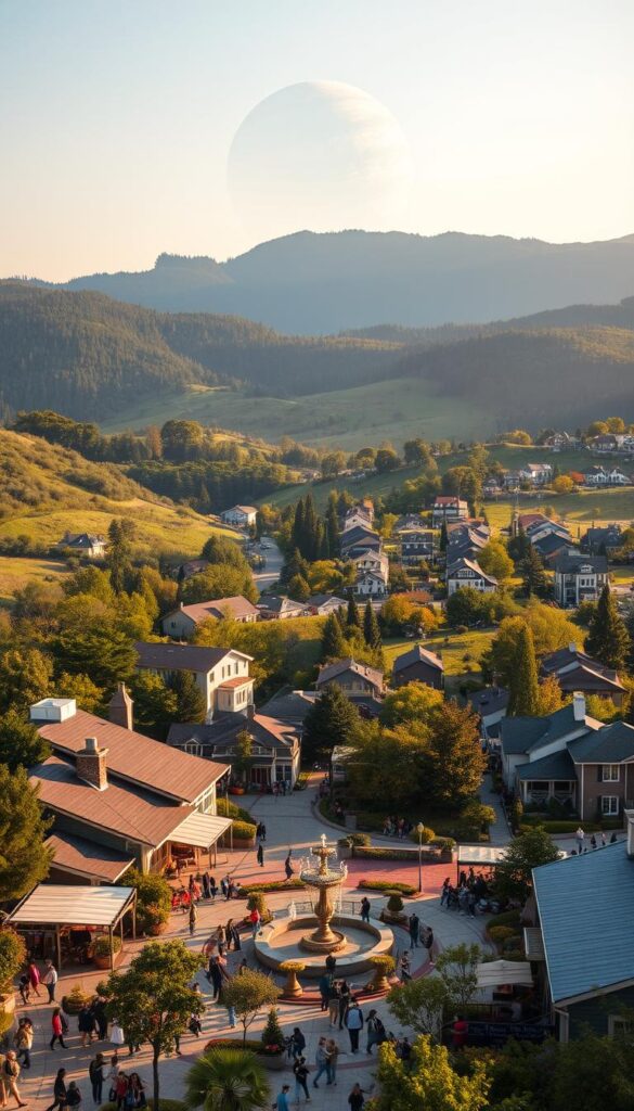 A serene, idyllic community nestled among lush, rolling hills. In the foreground, a vibrant town square bustles with activity - people strolling, cafes brimming with conversation, and a central fountain sparkling in the warm afternoon light. In the middle ground, charming residential neighborhoods with cozy homes and well-tended gardens. In the distance, the towering silhouette of Jupiter, its majestic presence looming over the scene, a constant reminder of the community's connection to the cosmos. The atmosphere is one of warmth, inclusivity, and a shared sense of wonder, reflecting the spirit of the Jupiter community.