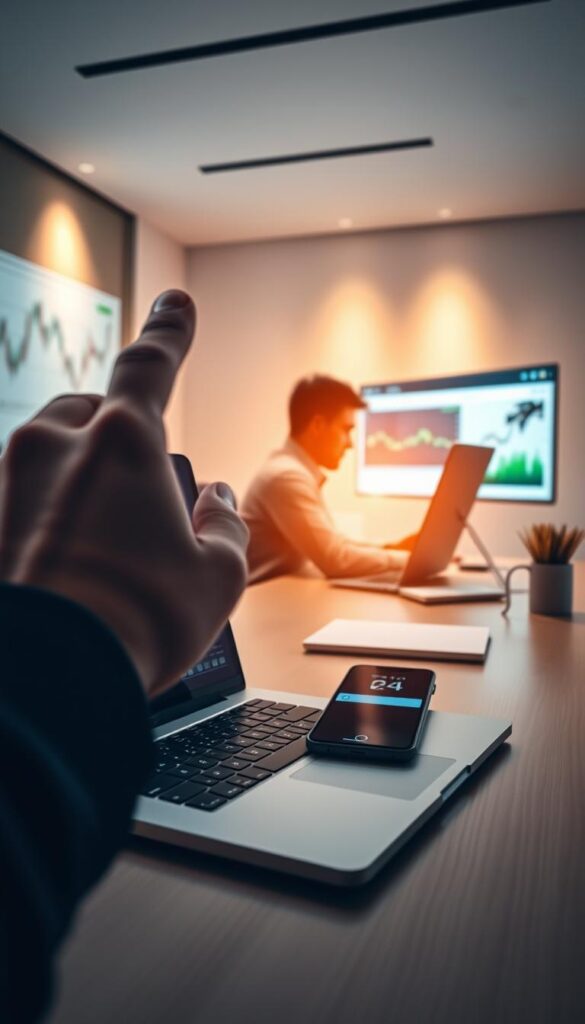 A serene office environment with a desk showcasing a laptop, smartphone, and financial charts. In the foreground, a hand gestures towards the screen, highlighting key insights. The middle ground features a person intently focused on their trading dashboard, surrounded by information displays. The background depicts a modern, minimalist setting with warm lighting, accentuating the sense of professionalism and expertise. The overall atmosphere conveys a balanced and methodical approach to effective copy trading, with attention to detail and risk management.