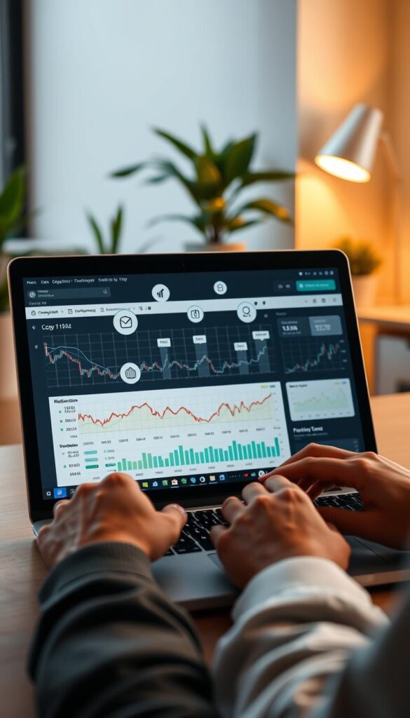 A serene office scene with a laptop showing a copy trading platform interface. In the foreground, a person's hands interact with the screen, highlighting the ease and convenience of copy trading. In the middle ground, financial charts and graphs float alongside icons representing diversification and passive income. The background is a softly lit, minimalist workspace with plants and modern decor, conveying a sense of productivity and profitability. Warm, natural lighting casts a gentle glow, and the composition emphasizes the effortless, rewarding nature of copy trading.