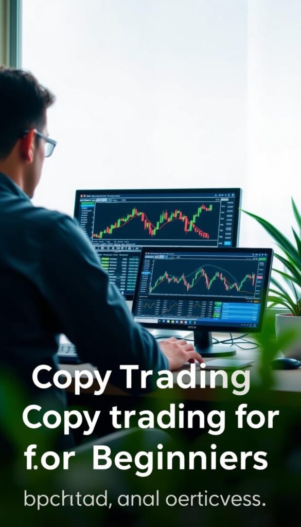 A serene office setting with a desk, computer, and a person engaged in copy trading on their MT4 platform. The foreground features a person intently focused on their screen, making informed trading decisions. The middle ground showcases the MT4 interface, displaying candlestick charts and various trading tools. The background depicts a tranquil, well-lit environment with subtle hints of greenery, creating a calming atmosphere conducive to successful trading. The overall scene conveys the advantages of copy trading for beginners - a user-friendly platform, access to experienced traders, and a peaceful setting to build financial confidence.