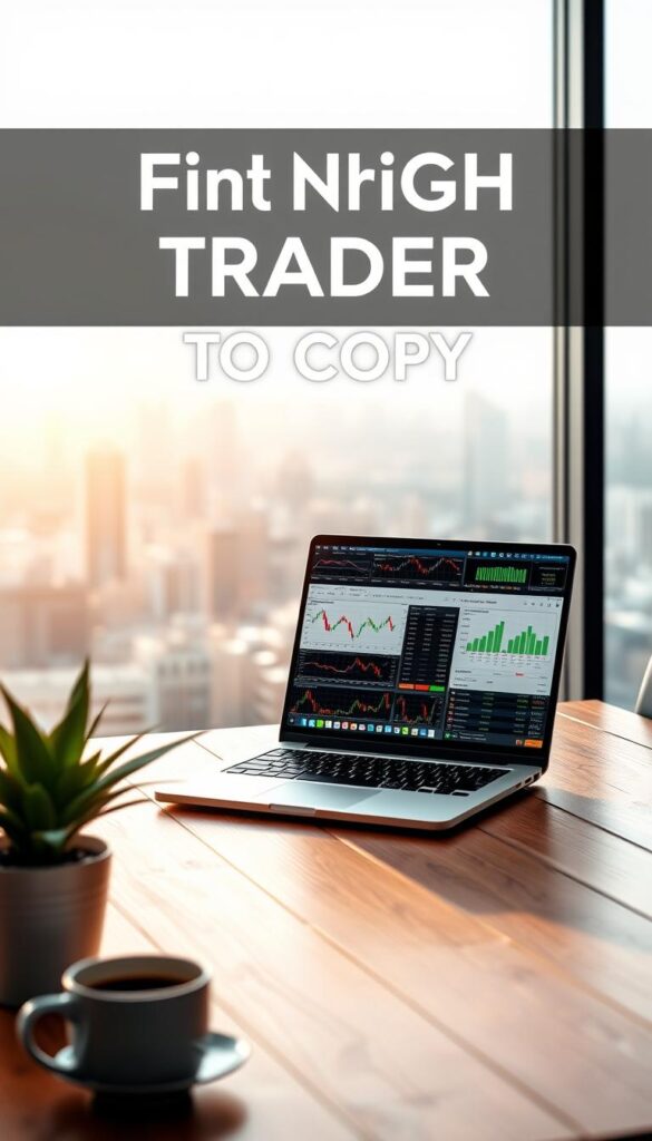 A serene office setting with a laptop screen displaying various financial charts and graphs, representing the concept of "copy trading strategies". The laptop is placed on a minimalist wooden desk, with a potted plant and a cup of coffee in the foreground, creating a sense of focus and productivity. The background features a large window overlooking a cityscape, bathed in soft, natural lighting that casts a warm, inviting glow. The overall atmosphere is one of calm, efficiency, and financial opportunity, reflecting the theme of "Finding the Right Trader to Copy".