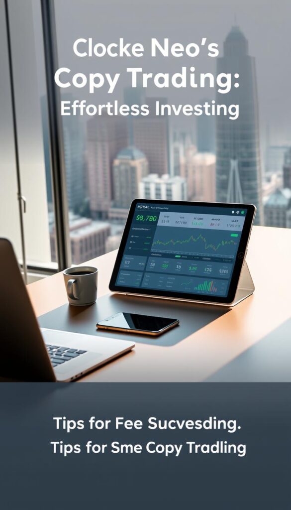 A serene office setting with a minimalist desk, featuring a laptop, a sleek smartphone, and a stylish cup of coffee. In the middle ground, a tablet displays an intuitive copy trading platform, showcasing real-time market data and seamless portfolio management tools. The background features a large window overlooking a bustling city skyline, bathed in soft, natural lighting. The overall atmosphere exudes a sense of efficiency, control, and effortless investing, perfectly capturing the essence of "Kotak Neo's Copy Trading: Effortless Investing" and the "Tips for Successful Copy Trading" section.
