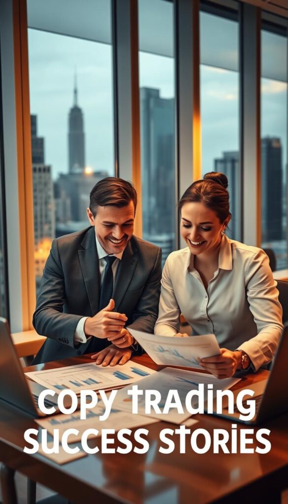A serene office setting with two business professionals, a man and a woman, reviewing financial charts and documents on a desk. Warm lighting from large windows casts a soft glow, highlighting their focused expressions. In the background, a cityscape with skyscrapers visible through the glass, symbolizing their successful investments. The composition conveys a sense of achievement, with the duo's body language and expressions radiating confidence and satisfaction - the embodiment of "copy trading success stories".
