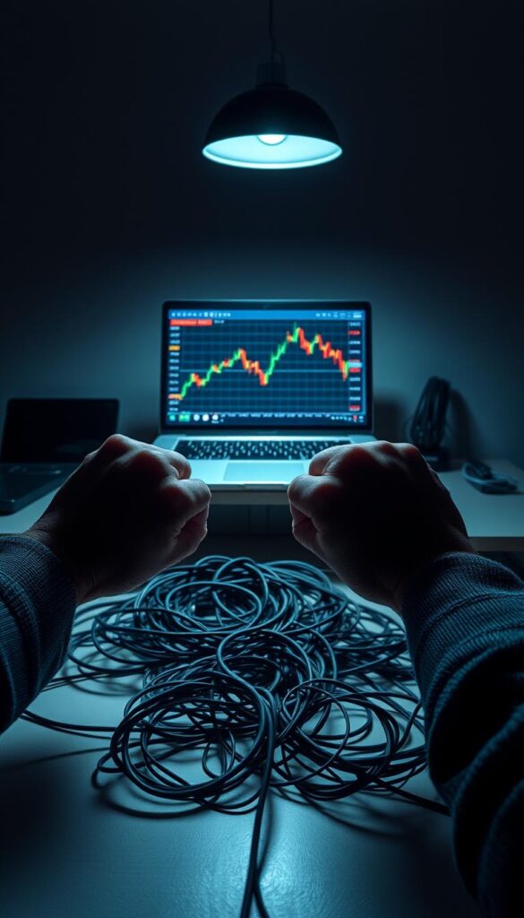 A serene office workspace, dimly lit by a single overhead lamp, casts dramatic shadows. Atop the desk, a laptop displays a volatile stock chart, flashing warning signs. In the foreground, a worried investor's hands grip the edge of the desk, knuckles white with tension. The middle ground reveals a maze of tangled cables, symbolizing the complexities and risks of copy trading. The background fades into a hazy, uncertain atmosphere, hinting at the unpredictable nature of financial markets. The overall scene conveys a sense of unease and the potential dangers lurking within the world of copy trading.