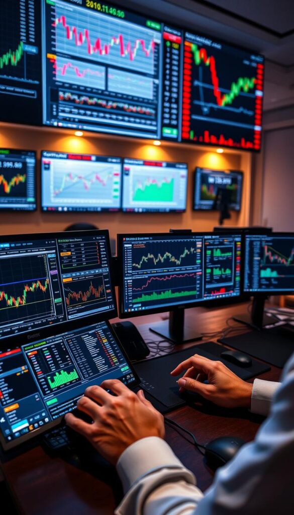 A serene trading desk with a large display showcasing various stock charts, technical indicators, and real-time data feeds. In the foreground, a trader's hands carefully analyze the market trends, utilizing intuitive copy trading software interfaces. The middle ground features an array of trading screens, each displaying different strategies and portfolios being mirrored. The background is a softly lit office space, conveying a sense of focus and professionalism. Warm lighting casts a subtle glow, enhancing the overall atmosphere of analytical decision-making. The scene emanates a sense of control, efficiency, and the empowerment of collaborative investment strategies.