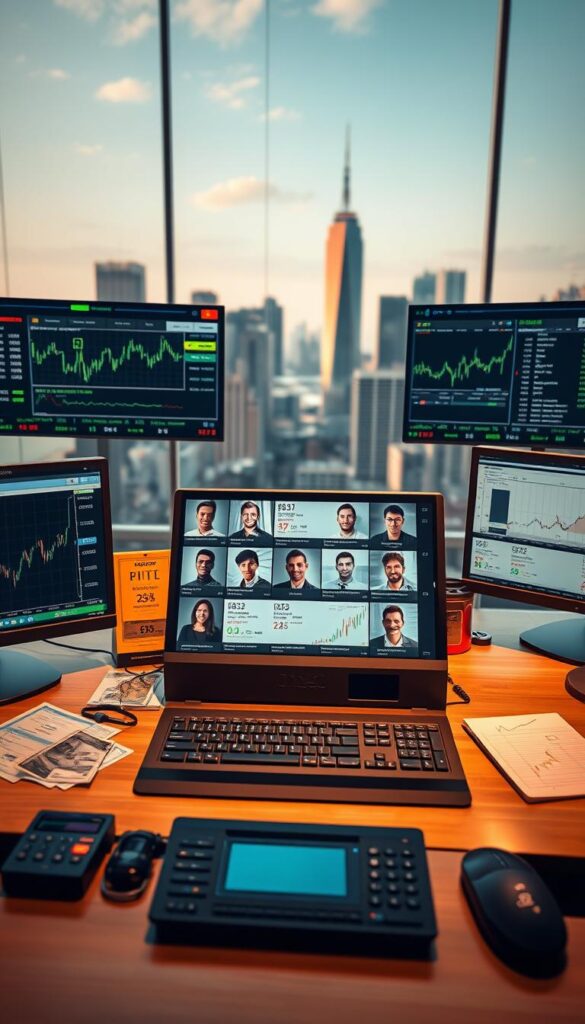 A serene trading desk with sophisticated financial instruments and digital screens displaying various trading strategies and portfolio performance metrics. The foreground features an array of currency pairs, stock tickers, and analytical tools, while the middle ground showcases a carefully curated selection of successful traders' profiles and track records. The background subtly depicts a cityscape with skyscrapers, reflecting the global nature of the financial markets. The lighting is warm and inviting, creating a sense of professionalism and expertise. The overall composition conveys the idea of informed decision-making and the ability to leverage the knowledge and strategies of experienced traders.