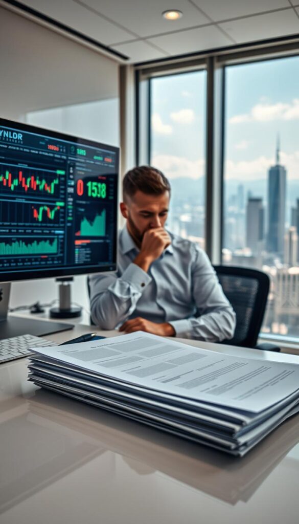 A serene, well-lit trading office setting with a large desk, a high-resolution monitor displaying various charts and graphs, and a hand carefully selecting trading signals on the screen. In the foreground, a stack of documents and a pen, symbolizing the research and analysis needed for successful copy trading. The middle ground features a thoughtful trader, their face partially obscured, deep in concentration as they evaluate potential trading opportunities. The background showcases a panoramic view of a bustling financial district, conveying the global context of the copy trading strategies. The lighting is soft and natural, creating a focused, professional atmosphere.
