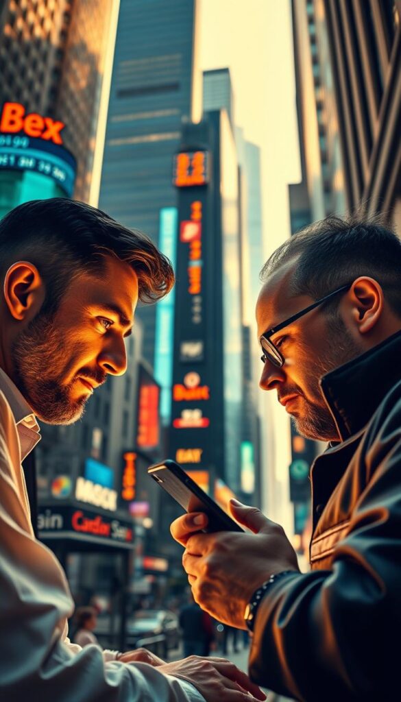 A side-by-side comparison of copy trading and manual trading, captured with a cinematic wide-angle lens. In the foreground, a trader closely examines a stock chart, their face illuminated by the glow of a computer screen, exuding intense focus. In the middle ground, another trader casually observes a smartphone, effortlessly mimicking the trades of a successful investor. The background depicts a bustling financial district, skyscrapers and stock tickers creating an atmosphere of dynamic market activity. Warm, golden lighting casts subtle shadows, conveying the contrast between the hands-on approach of manual trading and the convenience of copy trading.