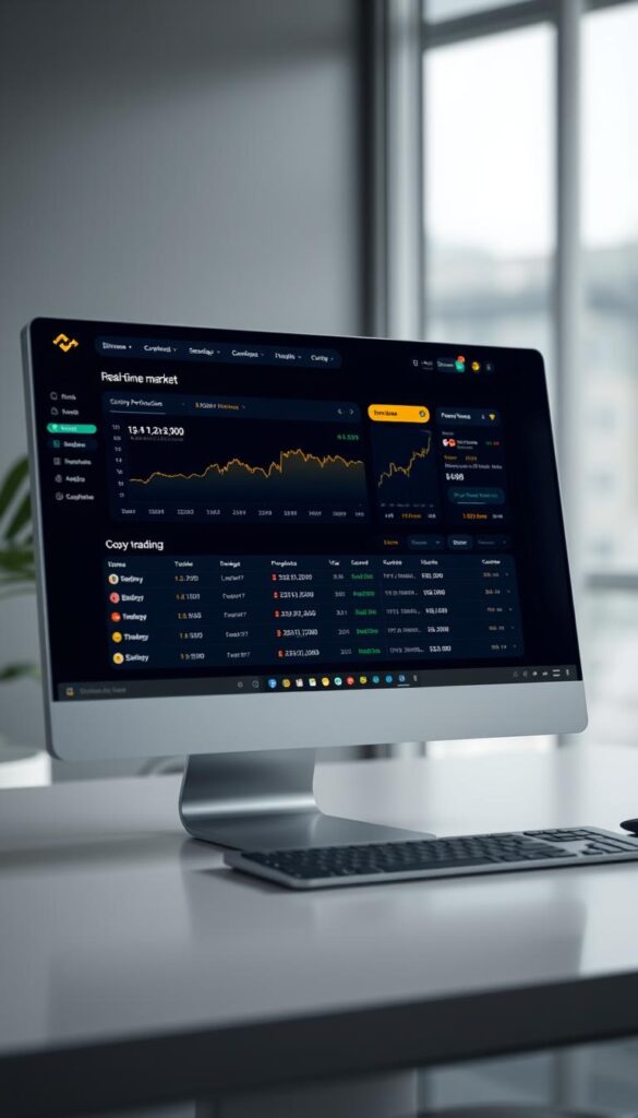 A sleek and modern Binance copy trading dashboard displayed on a high-resolution computer screen. The dashboard features a clean, minimalist design with easy-to-navigate sections showcasing real-time market data, trading performance metrics, and a comprehensive list of available copy trading strategies. The interface is illuminated by soft, diffused lighting, creating a calming and professional atmosphere. The dashboard is presented from a slightly elevated angle, allowing the viewer to appreciate the well-organized layout and intuitive user experience. The background is subtly blurred, directing the focus towards the engaging dashboard interface.