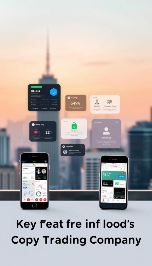 A sleek and modern comparison of leading copy trading platforms, showcased in a clean, minimalist layout. The foreground features three smartphone screens displaying the user interfaces of prominent copy trading apps, with clear icons and intuitive dashboards. The middle ground presents a series of floating infographic elements, highlighting key features such as performance tracking, portfolio diversification, and automated trading. The background is a soft, blurred cityscape, conveying a sense of professionalism and financial sophistication. Warm, directional lighting emanates from the top-left, casting subtle shadows and creating depth. The overall mood is one of clarity, efficiency, and technological prowess, perfectly suited for the "Key Features to Look for in a Copy Trading Company" section.