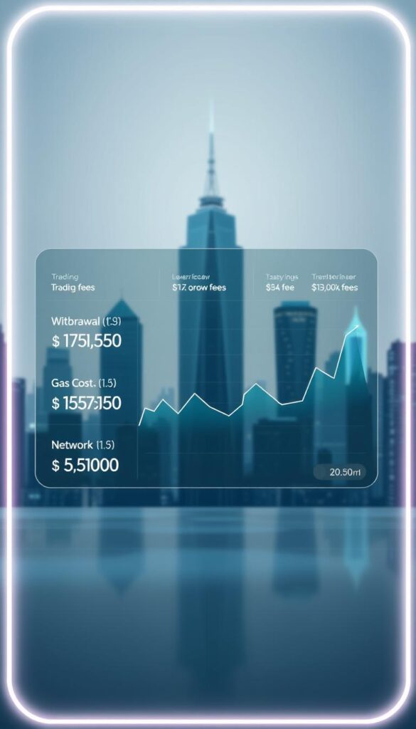 A sleek and modern decentralized exchange interface, illuminated by a soft, ambient lighting. In the foreground, a transparent overlay showcases various fee structures - trading fees, withdrawal fees, and network gas costs - presented in a clean, data-driven visualization. The middle ground features a dynamic, animated chart tracking the fluctuating fees over time, reflecting the volatility of the cryptocurrency market. In the background, a minimalist cityscape of blockchain-inspired skyscrapers and holographic data streams creates a futuristic, tech-savvy atmosphere. The overall composition conveys the complexities and transparency of decentralized finance, guiding the viewer's understanding of the fees and costs involved in copy trading on a DEX.