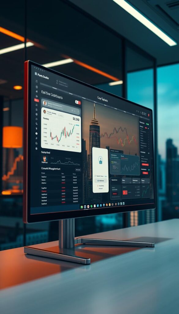 A sleek and modern software interface displayed on a high-resolution monitor, showcasing the key features of a professional copy trading platform. The foreground highlights intuitive dashboards, real-time charts, and customizable trading tools. The middle ground features a secure login screen and streamlined account management options. The background subtly depicts a cityscape skyline, conveying a sense of global financial connectivity. The lighting is warm and focused, creating a sense of professionalism and technological sophistication. The overall mood is one of confidence, efficiency, and the empowerment of individual traders through advanced copy trading capabilities.