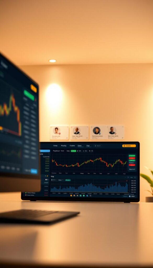 A sleek and modern trading interface, showcasing the key features of Binance's copy trading functionality. In the foreground, a crisp display of trading charts, indicators, and portfolio tracking tools. In the middle ground, a selection of prominent trader profiles, their performance metrics, and the ability to easily copy their strategies. The background features a clean, minimalist design, with muted colors and subtle gradients, creating a sense of clarity and focus. Warm, indirect lighting illuminates the scene, casting a professional and authoritative atmosphere. The overall composition conveys the intuitive and powerful nature of Binance's copy trading capabilities, inviting the user to seamlessly integrate proven trading strategies into their own investment journey.