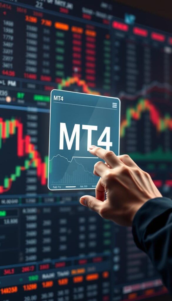 A sleek and modern trading platform, MT4, floats amidst a backdrop of financial data streams and currency exchange charts. In the foreground, a trader's hand confidently operates the intuitive interface, seamlessly executing copy trading commands. The scene is illuminated by a warm, soft light, conveying a sense of efficiency and control. The overall composition emphasizes the integration of technology and human decision-making, capturing the essence of how MT4 empowers traders to leverage the power of copy trading.