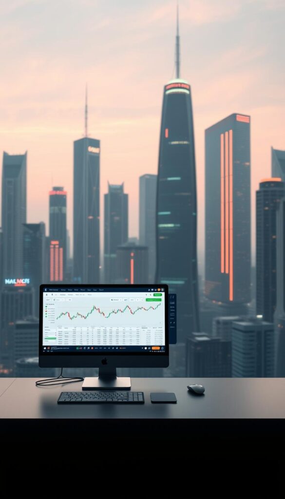 A sleek and modern trading platform with a Neo-inspired aesthetic. In the foreground, a minimalist user interface displays real-time market data, stock tickers, and intuitive trading tools. The middle ground features a desktop computer with a large, high-resolution monitor showcasing the platform's advanced charting and analysis capabilities. In the background, a futuristic cityscape with towering skyscrapers and glowing neon lights creates a dynamic, technology-driven atmosphere. Soft, directional lighting illuminates the scene, casting subtle shadows and highlights to accentuate the clean, sophisticated design. The overall composition conveys a sense of effortless, cutting-edge investing within the Kotak Neo ecosystem.