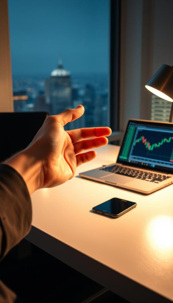 A sleek desktop setup with a laptop, smartphone, and trading interface prominently displayed. The lighting is soft and natural, creating a focused and professional atmosphere. In the foreground, a hand hovers over the trading platform, symbolizing the act of "copy trading" - mirroring the investment decisions of a successful trader. The background features a blurred cityscape, hinting at the global reach and implications of these financial maneuvers. The overall composition conveys a sense of precision, control, and the power of technology to facilitate complex financial strategies.