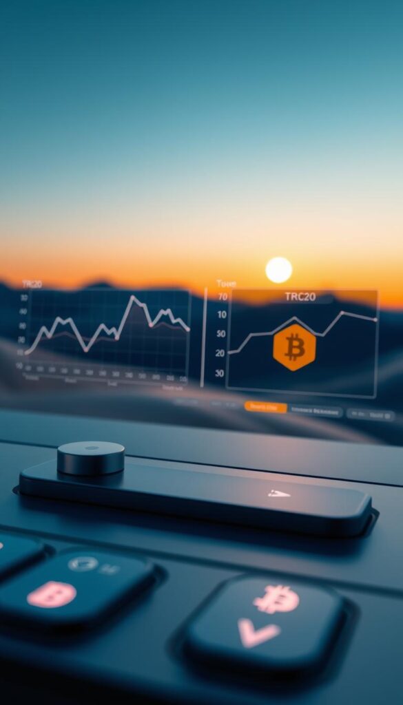 A sleek, digital interface showcases a seamless exchange process between TRC20 tokens and Bitcoin. The foreground features bold, intuitive buttons and toggles that guide the user through a swift, secure transaction. The middle ground depicts elegant line graphs and currency symbols, illustrating the real-time data and exchange rates. In the background, a serene, minimalist landscape evokes a sense of trust and reliability, with subtle blockchain-inspired patterns creating a visually stunning, futuristic aesthetic. Warm, balanced lighting and a shallow depth of field draw the viewer's focus to the core functionality, highlighting the effortless, streamlined nature of the swap service.