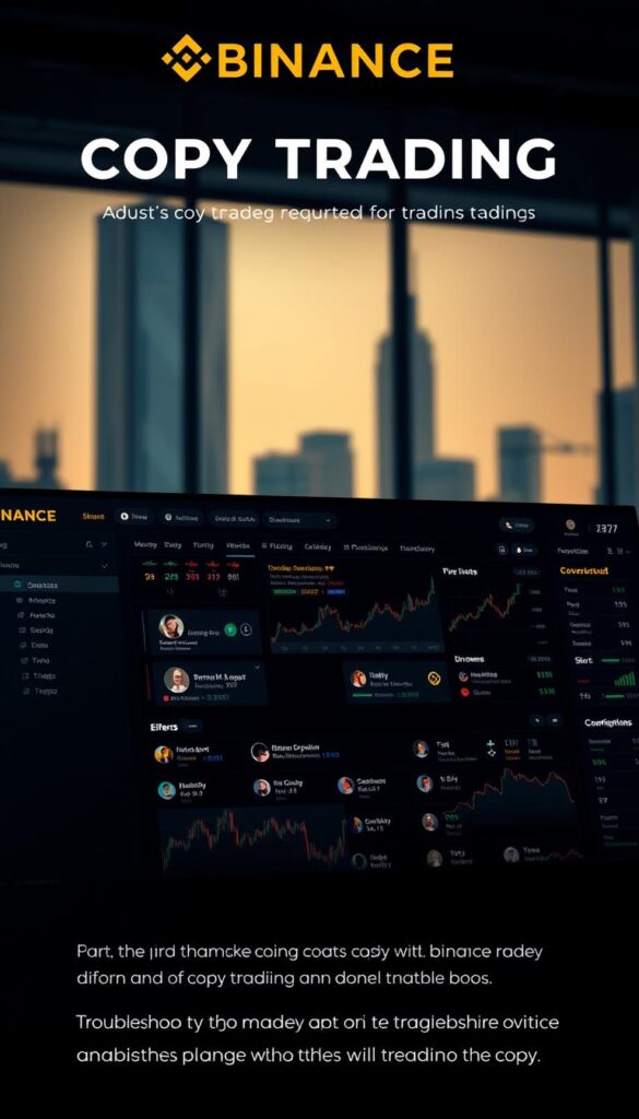 A sleek, high-contrast image of a Binance trading dashboard, with a focused display of various copy trading tools and metrics. The foreground features a clean, minimalist interface with customizable widgets, charts, and indicators. The middle ground showcases various user profiles and their trading performance statistics, emphasizing the collaborative nature of copy trading. The background subtly blends in a muted, moody cityscape or a stock exchange trading floor, creating a sense of the financial market ecosystem. The lighting is dramatic, with a mix of warm and cool tones, casting shadows and highlights to accentuate the technological sophistication. The overall mood is one of precision, control, and analytical insight, reflecting the troubleshooting and optimization aspects of the copy trading experience.