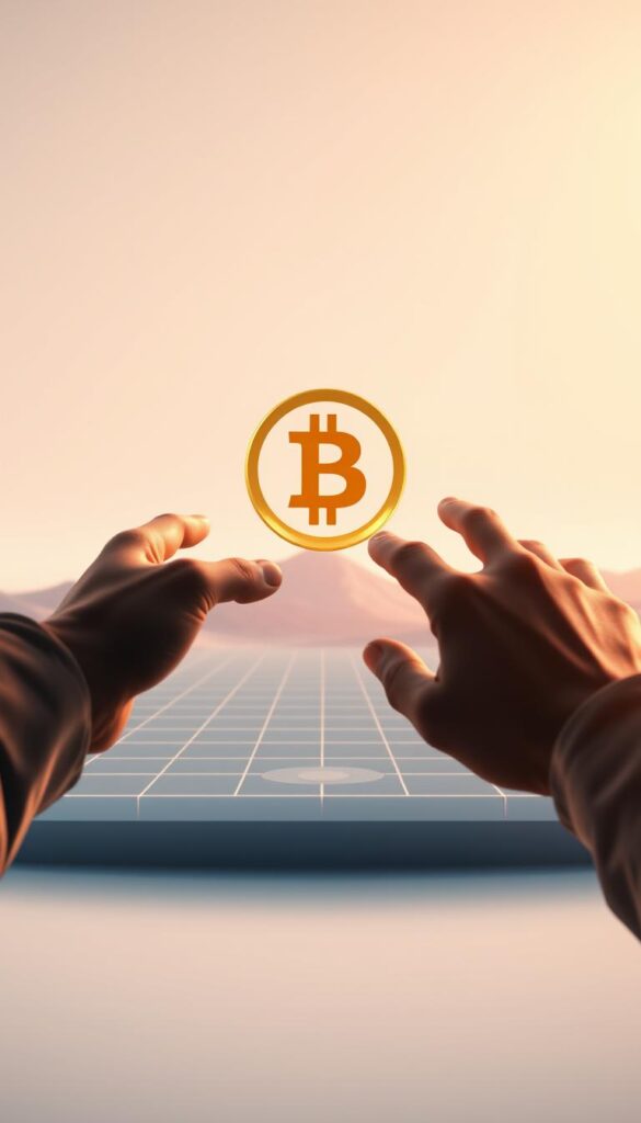 A sleek, high-contrast scene depicting a digital exchange of TRC20 tokens for Bitcoin. In the foreground, a pair of virtual hands gesture towards a central hub, where the TRC20 and Bitcoin symbols converge in a harmonious circular dance. The middle ground features a minimalist digital landscape, with clean lines and a subtle grid pattern suggesting the secure, frictionless nature of the transaction. The background is bathed in a soft, ethereal glow, creating a sense of technological elegance and efficiency. Warm highlights accentuate the key elements, while cool shadows add depth and dimension. The overall composition conveys the effortless, reliable nature of the TRC20 to Bitcoin swap process.