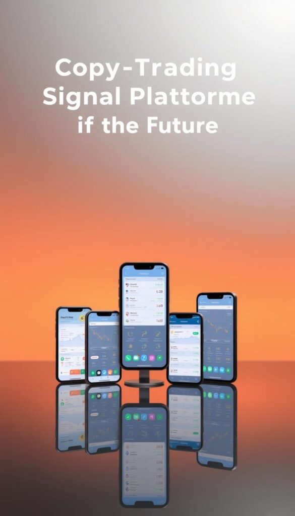 A sleek, minimalist comparison of leading copy trading platforms, illuminated by warm, directional lighting. In the foreground, a row of smartphones displays intuitive trading interfaces, each representing a distinct platform. The middle ground features a glossy, reflective surface, creating a sense of depth and professionalism. In the background, a clean, gray gradient provides a sophisticated backdrop, allowing the platform details to take center stage. The overall composition conveys a sense of functionality, reliability, and cutting-edge technology, suitable for an informative article on the best copy trading signal platforms of the future.