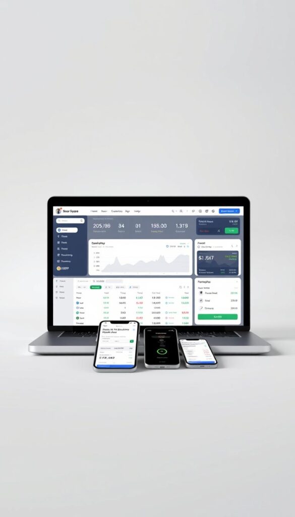 A sleek, minimalist composition showcasing the user interfaces of popular crypto copy trading platforms. In the foreground, a laptop screen displays the crisp, intuitive dashboard of a leading platform, its interface meticulously designed with clean lines, intuitive menus, and real-time data visualizations. In the middle ground, various mobile devices are arranged, each displaying the streamlined mobile apps of other top-tier copy trading services. The background is a subtle, neutral tone, allowing the technology to be the focal point. Soft, diffused lighting casts an aura of professionalism and trustworthiness, complementing the sophisticated aesthetic. The overall scene conveys the effortless wealth-building potential of crypto copy trading at a glance.