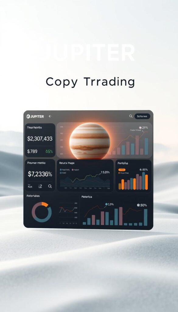 A sleek, minimalist data visualization depicting the performance metrics of Jupiter Copy Trading. In the foreground, a series of interactive charts and graphs showcase key statistics like returns, risk, and portfolio diversification. The middle ground features a 3D model of the Jupiter planet, casting a warm, ambient glow across the scene. The background is a softly blurred, gradient-filled landscape, creating a sense of depth and balance. The overall aesthetic is clean, modern, and slightly futuristic, inviting the viewer to explore the data with a sense of curiosity and professionalism.