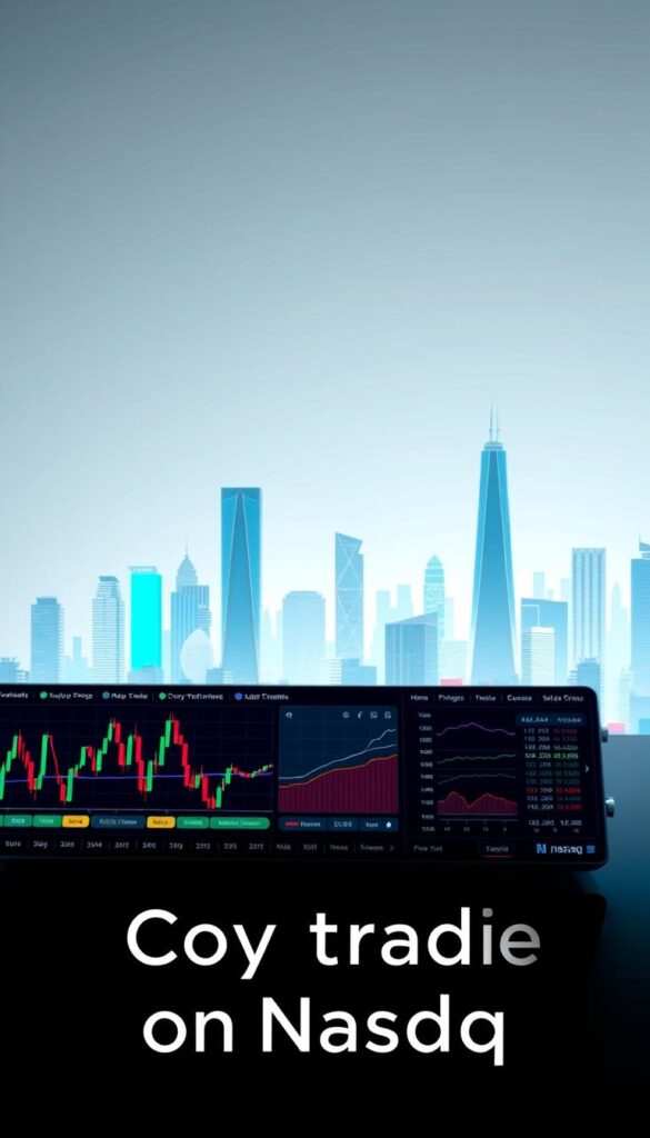 A sleek, minimalist interface showcasing the best copy trading platform on Nasdaq. In the foreground, a stylized display of candlestick charts, trading indicators, and portfolio performance metrics. The middle ground features a simplified dashboard with intuitive controls for managing copy trades. In the background, a clean, futuristic cityscape with towering skyscrapers and a vibrant, neon-lit skyline. The lighting is soft and diffused, creating a sense of sophistication and technological prowess. The overall atmosphere is one of efficiency, innovation, and financial empowerment, inviting the viewer to explore the benefits of copy trading on Nasdaq.