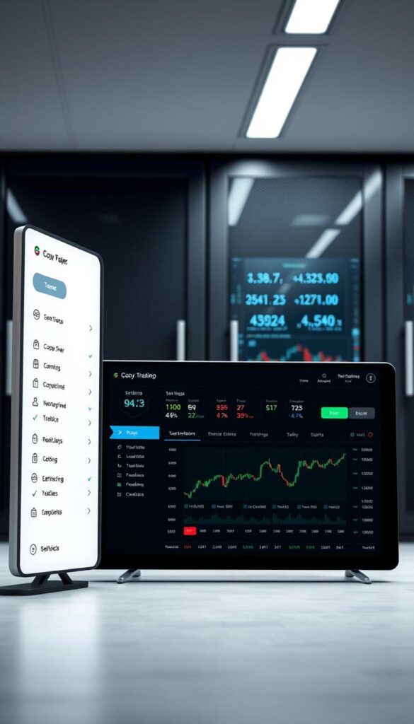 A sleek, minimalist interface with a clean dashboard showcasing real-time financial data. In the foreground, an intuitive user panel with customizable settings and trading options. In the middle ground, a dynamic visualization of market trends and performance metrics. The background features a sophisticated data center backdrop, conveying a sense of technological sophistication and security. Soft, directional lighting illuminates the scene, creating a professional and authoritative atmosphere. The overall composition is designed to instill trust and confidence in the capabilities of the copy trading platform.