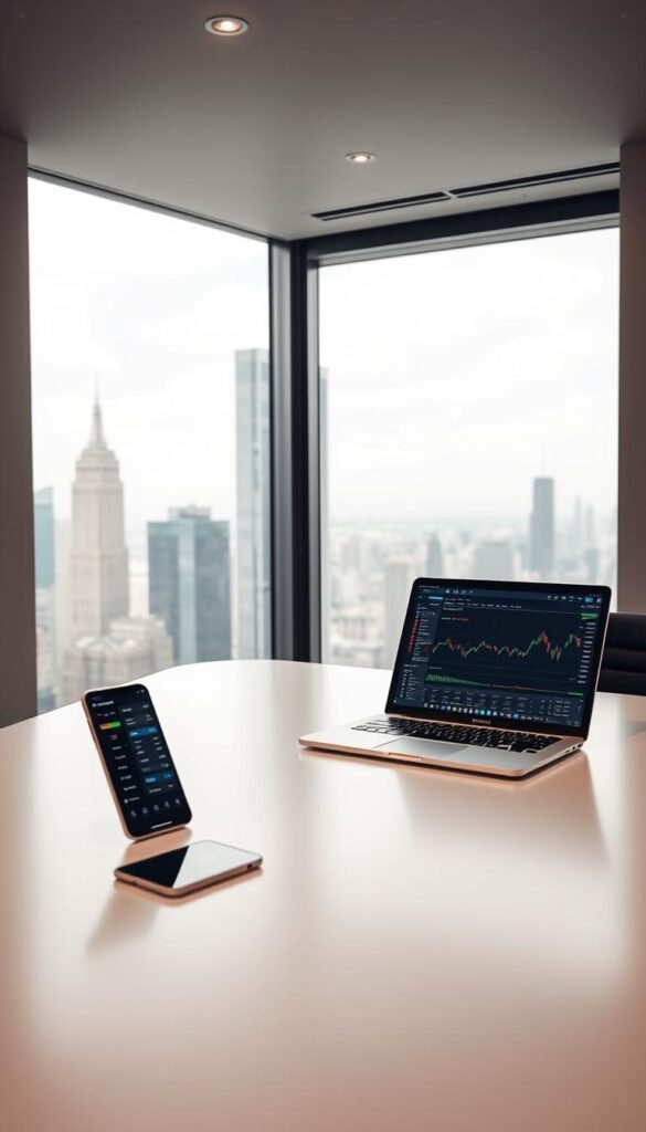 A sleek, minimalist office setting with a laptop, tablet, and mobile phone prominently displayed on a clean, uncluttered desk. The lighting is soft and indirect, creating a serene, focused atmosphere. In the background, a large window overlooks a bustling cityscape, hinting at the global reach of the copy trading strategies being explored. The desktop display shows an intuitive trading interface, with clear visualizations of market data and trading signals. The overall scene conveys a sense of professionalism, efficiency, and the potential for financial success through the adoption of effective copy trading strategies.