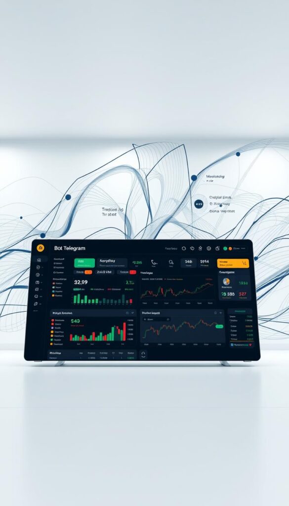 A sleek, modern Telegram interface with a visually striking copy trading bot dashboard. The foreground features a clean, minimal design with intuitive controls and data visualizations. The middle ground showcases various trading signals, performance metrics, and a user-friendly trade execution panel. In the background, a dynamic, abstract pattern evokes the complexity and fluidity of the financial markets, creating a sense of technological sophistication. Bright, diffused lighting illuminates the scene, giving it a professional, authoritative appearance. The overall atmosphere conveys a seamless, user-centric experience for automated, copy-based trading.