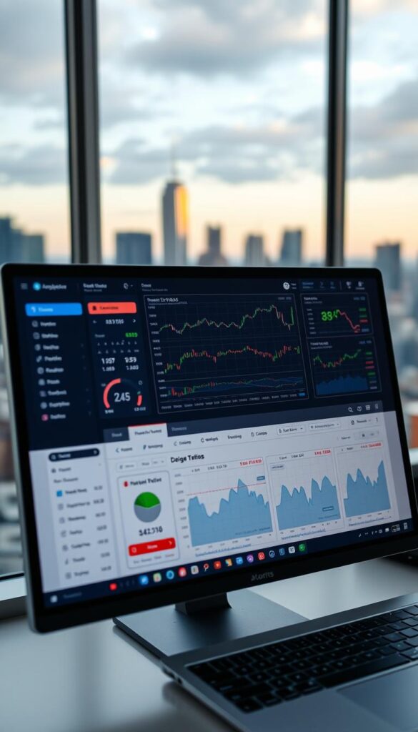 A sleek, modern copy trading platform displayed on a computer screen. The platform's user interface features clean lines, intuitive icons, and a minimalist design. In the foreground, a user's portfolio is visible, showcasing various financial instruments and their performance metrics. The middle ground depicts a data visualization dashboard, with real-time market trends and analysis tools. The background showcases a blurred cityscape, suggesting the platform's global reach and integration with the financial markets. The overall scene conveys a sense of power, efficiency, and professionalism, inspiring confidence in the user's ability to engage in successful copy trading.