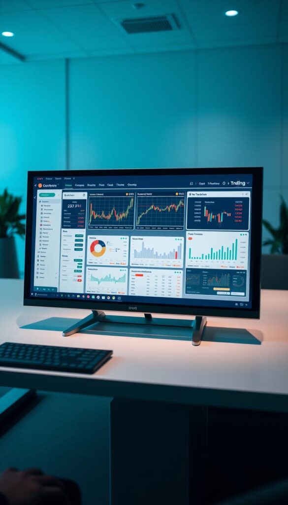 A sleek, modern copy trading platform displayed on a digital screen. In the foreground, a user interface with intuitive controls and customizable dashboards. The middle ground features a series of charts, graphs, and financial data visualizations, showcasing the platform's analytical capabilities. In the background, a minimalist workspace with clean lines and subtle lighting, creating a professional and trustworthy atmosphere. The overall composition conveys the ease and power of copy trading, inviting the user to explore and take control of their financial future.