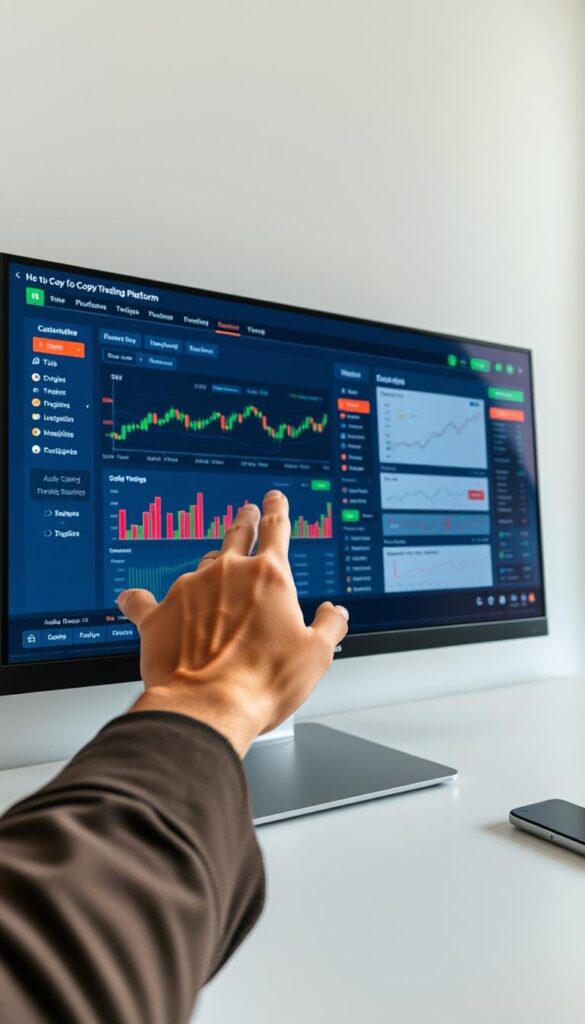 A sleek, modern copy trading platform interface displayed on a high-resolution desktop monitor. The screen showcases a clean, intuitive dashboard with customizable charts, trading signals, and real-time performance data. In the foreground, a user's hand interacts with the platform, navigating through various trading tools and settings. The overall lighting is soft and natural, creating a professional and authoritative atmosphere. The composition emphasizes the platform's user-friendly design and the seamless integration of trading technologies, inviting the viewer to imagine themselves actively participating in the copy trading experience.