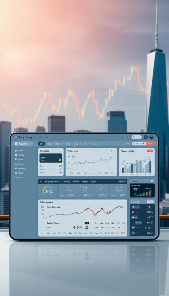 A sleek, modern copy trading platform interface set against a backdrop of a dynamic stock market chart. The foreground features a clean, intuitive dashboard with customizable widgets, order execution tools, and real-time portfolio analytics. The middle ground showcases various trading signals, social feeds, and research insights from a community of successful traders. The background depicts a cityscape with skyscrapers, symbolizing the global connectivity and scale of the platform. Warm lighting and a subtle color palette convey a sense of professionalism and trust. The overall composition aims to inspire confidence and empower users to elevate their trading experience.