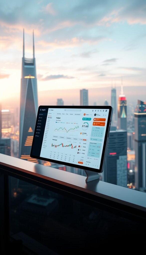 A sleek, modern copy trading platform interface, viewed from an angle against a backdrop of a futuristic cityscape. The platform's dashboard is displayed prominently, showcasing real-time market data, intuitive trading tools, and seamless portfolio management features. Subtle lighting casts a warm glow across the clean, minimalist design, creating a sense of technological sophistication. In the background, towering skyscrapers and a vibrant urban skyline convey the global scale and interconnectedness of the financial markets. The overall impression is one of an efficient, user-friendly platform that empowers traders to navigate the complexities of copy trading with confidence and ease.
