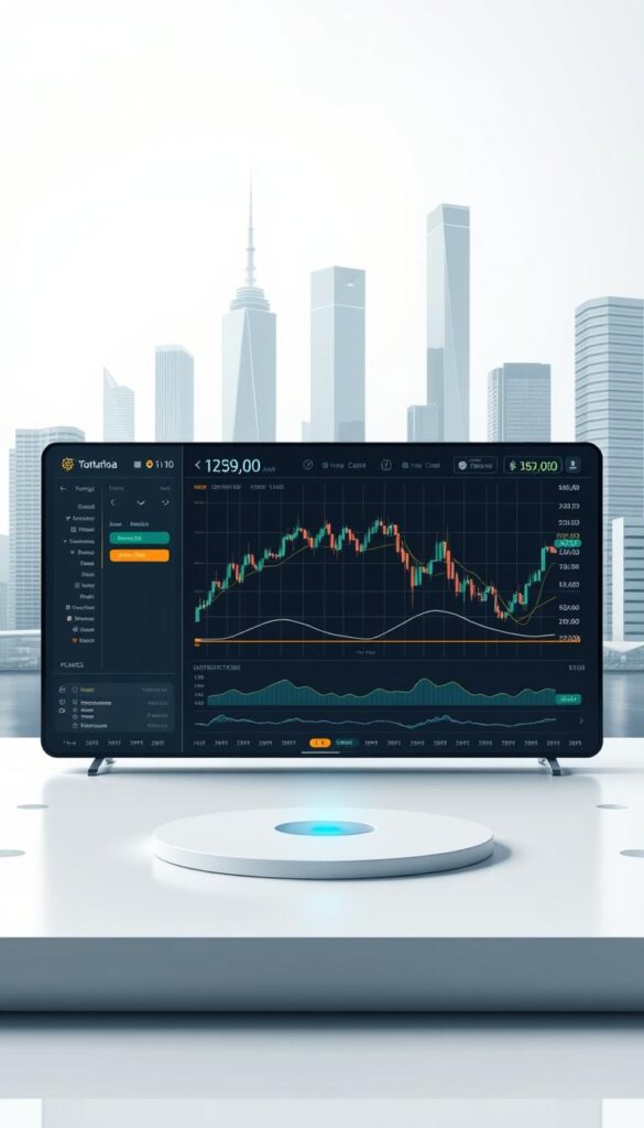 A sleek, modern cryptocurrency exchange interface with a clean, minimalist design. A large, centralized trading platform dominates the foreground, showcasing real-time market data, seamless order execution, and intuitive user controls. In the middle ground, secure transaction flows and multi-layer authentication protocols convey a sense of reliability and trust. The background features a city skyline with towering skyscrapers, reflecting the exchange's global reach and institutional-grade infrastructure. Soft, diffused lighting creates a professional, high-tech atmosphere, while subtle gradients and geometric shapes emphasize the efficiency and sophistication of the platform.