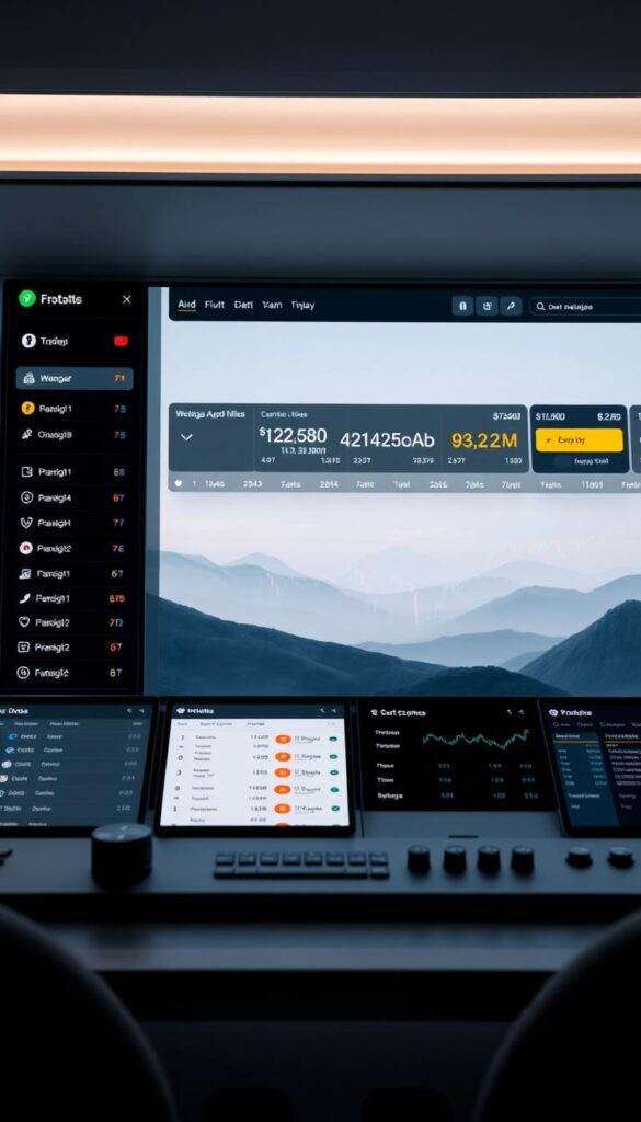 A sleek, modern cryptocurrency exchange platform with a minimalist user interface. The foreground features clean, intuitive menus and controls, allowing users to easily navigate trading options and execute transactions. The middle ground showcases a live ticker display with market data, while the background depicts a serene, abstract landscape conveying a sense of security and stability. Soft, diffused lighting creates a welcoming atmosphere, and the overall composition suggests a user-friendly, highly accessible digital financial experience.