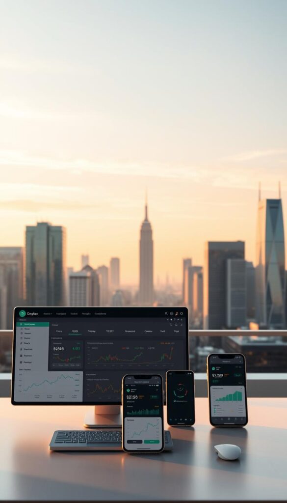 A sleek, modern desktop interface with a variety of intuitive copy trading tools arranged neatly. In the foreground, a user-friendly dashboard displays real-time market data, trade analytics, and customizable settings. The middle ground features a lineup of mobile devices showcasing seamless cross-platform functionality. In the background, a minimalist cityscape with skyscrapers and a serene sky evokes a sense of technological prowess and financial sophistication. Warm, directional lighting casts subtle shadows, creating depth and a professional, polished aesthetic. The overall composition conveys efficiency, accessibility, and the empowering potential of copy trading.