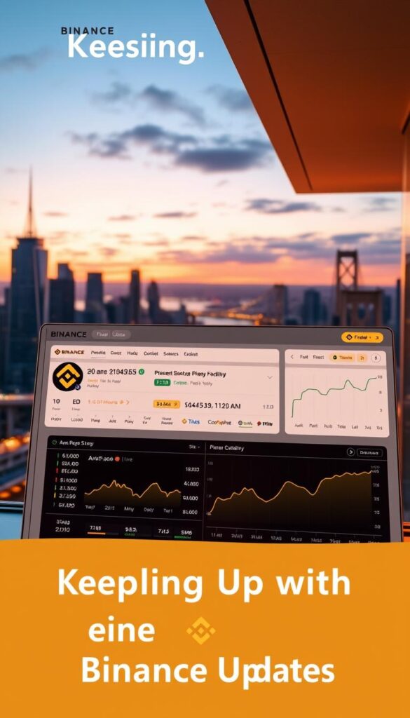 A sleek, modern financial dashboard illuminated by soft, warm lighting, showcasing real-time Binance copy trading updates. The interface features clean typography, intuitive charts, and a minimalist design that conveys a sense of control and professionalism. In the foreground, a user's portfolio is prominently displayed, with transaction history and performance metrics. The middle ground features a section dedicated to the latest Binance updates, presenting them in a visually engaging manner. The background depicts a cityscape at dusk, with skyscrapers and bridges subtly visible, creating a sense of urban sophistication. The overall atmosphere is one of efficiency, transparency, and technological advancement, perfectly capturing the essence of "Keeping Up with Binance Updates".