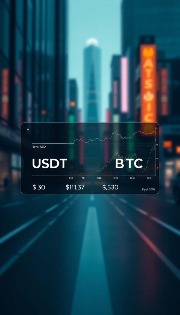 A sleek, modern financial technology interface displaying the real-time exchange rate between USDT and BTC. A clean, minimalist design with a dark color scheme, subtle gradients, and crisp typography. The foreground features a prominent digital currency conversion calculator, allowing the user to input USDT amounts and instantly see the corresponding BTC value. The middle ground showcases dynamic charts and graphs illustrating the currency pair's trading history and market trends. In the background, a blurred cityscape with gleaming skyscrapers and neon-lit streets, evoking a sense of a bustling, technologically-advanced financial hub. The overall mood is one of sophistication, efficiency, and the rapid pace of the digital asset economy.