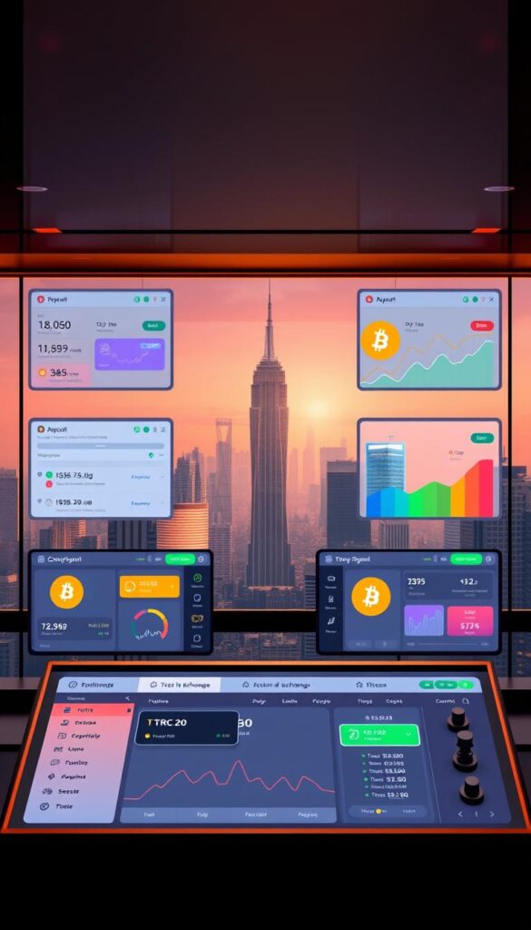 A sleek, modern interface showcasing a selection of the top TRC20 to Bitcoin exchange platforms. In the foreground, colorful, intuitive dashboard displays with real-time cryptocurrency conversion rates and easy-to-navigate controls. In the middle ground, stylized icons and graphs visualize the exchange process. The background features a cityscape with futuristic skyscrapers, conveying a sense of technological sophistication. Warm, inviting lighting casts a soft glow over the entire scene, creating a welcoming and trustworthy atmosphere for users seeking a seamless TRC20 to Bitcoin conversion experience.