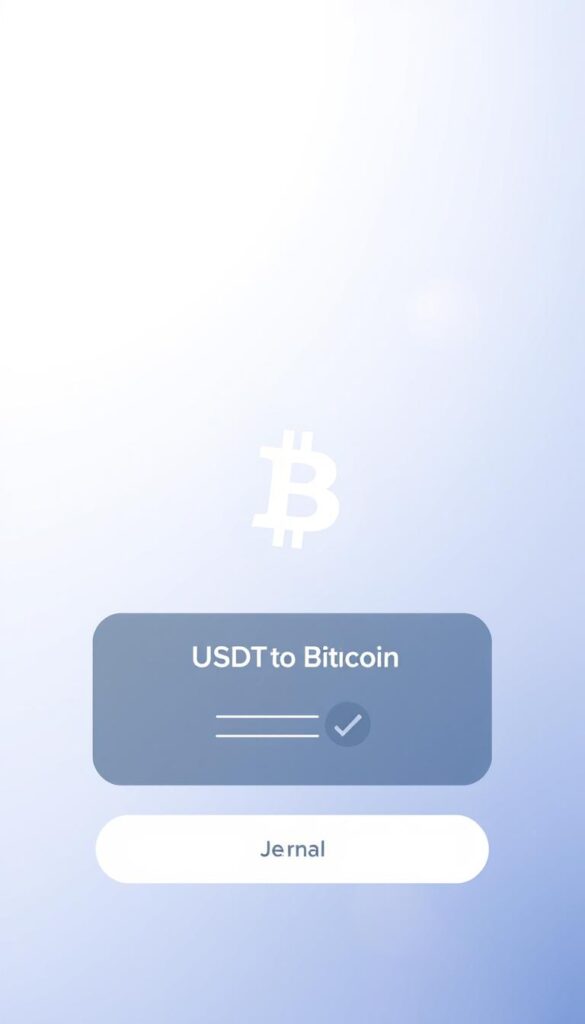 A sleek, modern interface with a prominent "USDT to Bitcoin" conversion panel, showcasing a clean, user-friendly design. The background features a soft, ethereal gradient, reflecting a sense of trust and reliability. In the center, a large, clear Bitcoin icon stands out, drawing the user's attention to the conversion process. Crisp, high-quality visuals and a minimalist layout create an efficient, intuitive experience for the user, mirroring the convenience of the platform.