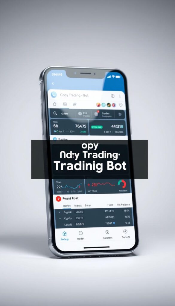 A sleek, modern-looking Telegram app interface displayed on a silver smartphone, with a prominent "Copy Trading Bot" label prominently featured. The bot's user interface is clean and intuitive, with various trading-related metrics, charts, and controls arrayed across the screen. The device is set against a neutral, minimalist background, perhaps with a faint grid or wireframe pattern, conveying a sense of technological sophistication. The lighting is soft and diffused, creating a sense of depth and dimensionality. The overall tone is one of efficiency, reliability, and user-friendliness, reflecting the capabilities of the copy trading bot.