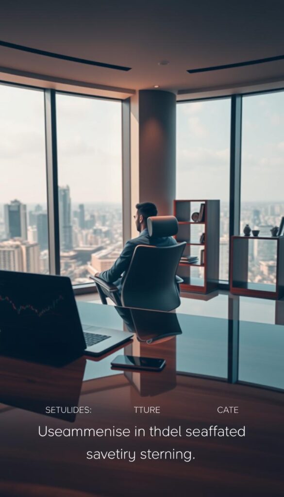 A sleek, modern office interior with a large panoramic window overlooking a bustling cityscape. In the foreground, a wooden desk with a laptop, smartphone, and financial charts displayed. A professional investor is seated, intently studying the screen, their face reflected in the glass surface. The mid-ground features an ergonomic swivel chair and a minimalist bookshelf, conveying a sense of focused, effortless investing. The background is bathed in warm, diffused lighting, creating a sense of calm and productivity. The overall atmosphere is one of efficiency, technology, and the future of seamless, intelligent investing with Kotak Neo's copy trading platform.