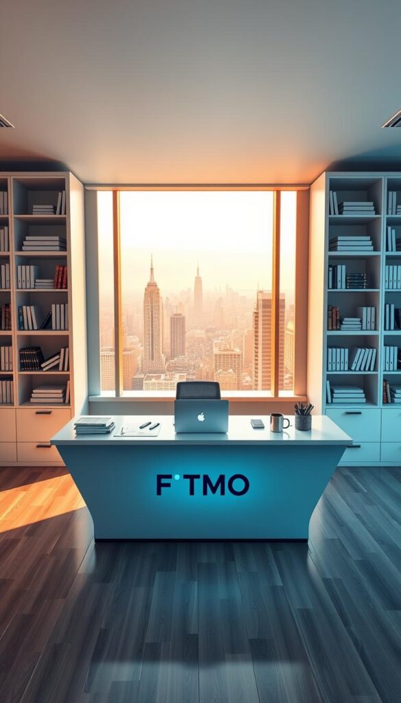 A sleek, modern office interior with a prominent desk displaying the FTMO logo. The desk is flanked by two tall, minimalist bookshelves filled with finance-related books and documents. A large, panoramic window offers a view of a bustling city skyline, bathed in warm, golden afternoon light. On the desk, a laptop, a cup of coffee, and various trading-related accessories create a dynamic, professional atmosphere. The overall scene conveys a sense of expertise, success, and the advantages of FTMO's copy trading platform.