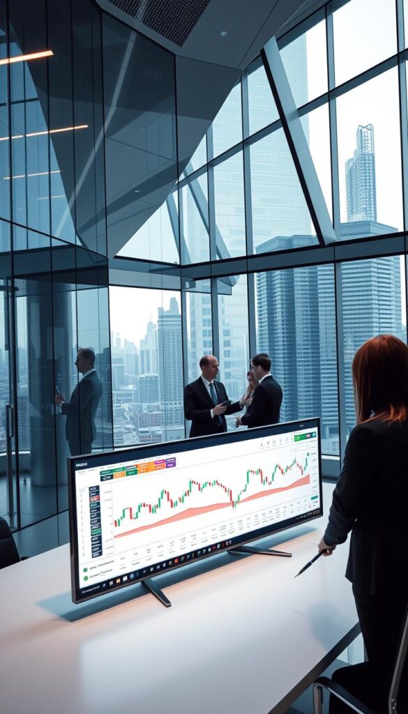 A sleek, modern office setting with glass walls and geometric architectural details. The foreground features a large monitor displaying a line graph representing financial market data, with colorful data visualizations and analytics overlays. The middle ground showcases a team of professionals in business attire, intently studying the screen and discussing regulatory changes. The background subtly hints at the broader financial district, with skyscrapers and a cityscape visible through the glass. The lighting is crisp and professional, with a cool, neutral color palette that conveys a sense of authority and expertise. The overall atmosphere is one of thoughtful analysis and strategic decision-making in the face of evolving financial regulations.