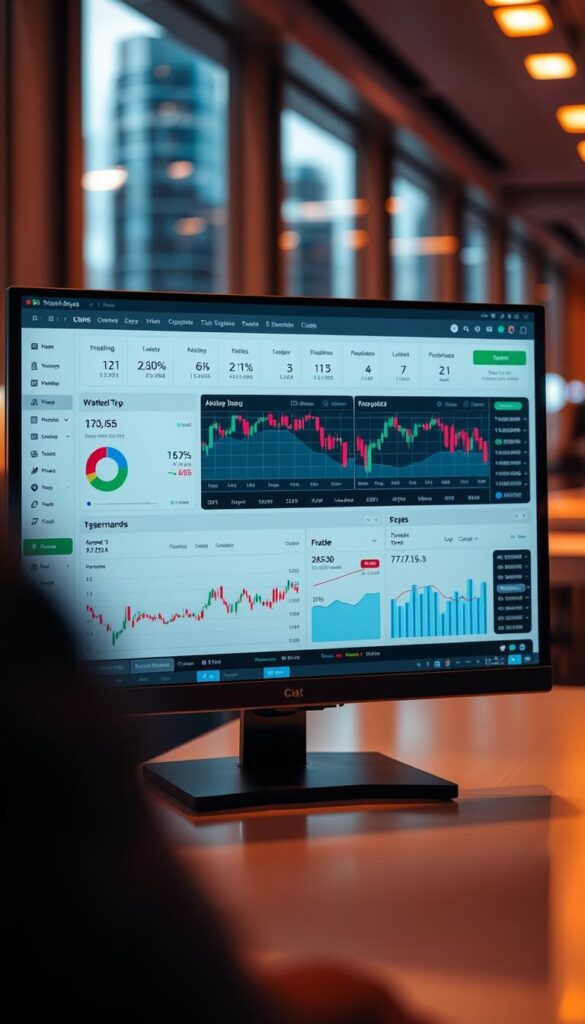 A sleek, modern software interface displaying real-time trading data and analytics. The foreground features a clean, user-friendly dashboard with customizable charts, graphs, and performance metrics. The middle ground showcases a dynamic market overview, highlighting price movements and trading volume. In the background, a blurred cityscape setting evokes a sense of the global financial landscape. Warm, directional lighting creates depth and emphasizes the intuitive design, conveying a sophisticated, professional atmosphere for monitoring investments.