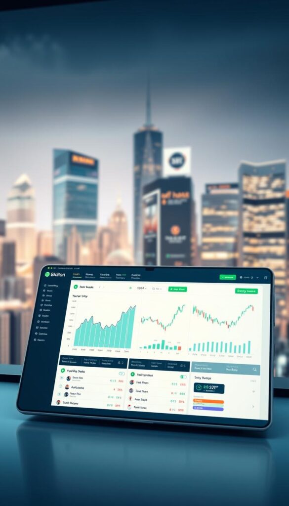 A sleek, modern user interface depicting a copy trading platform. In the foreground, a clean dashboard with charts, graphs, and financial data showcasing different trading strategies. In the middle ground, a grid of user profiles and their trading performance metrics. In the background, a blurred cityscape with skyscrapers and financial landmarks, conveying a sense of the global scope of the platform. The color palette is predominantly neutral tones with pops of blue and green, creating a professional and trustworthy atmosphere. Soft, directional lighting illuminates the display, highlighting the key information. The overall composition emphasizes the ease of use and transparency of the copy trading experience.