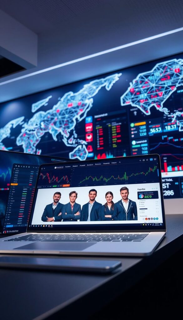A sleek, modern web application showcasing a sophisticated copy trading platform. In the foreground, a seamless interface displays real-time market data, customizable trading signals, and intuitive portfolio management tools. The middle ground features a team of experienced traders, their profiles and performance metrics prominently displayed, inviting users to explore and follow successful strategies. In the background, a dynamic visualization of global financial markets, pulsing with live data and analytics, sets the stage for an immersive, data-driven trading experience. Lit by soft, directional lighting that accentuates the clean lines and elegant design, the overall atmosphere conveys a sense of trust, reliability, and cutting-edge technology.