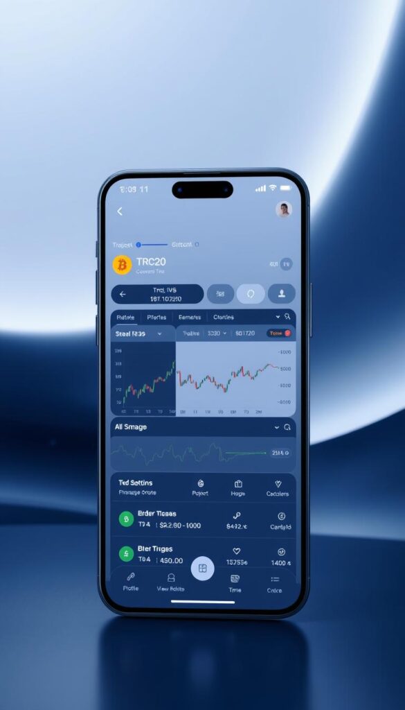 A sleek, user-friendly mobile app with a clean, minimalist interface showcasing a seamless TRC20 to Bitcoin exchange platform. The app's foreground features a large, intuitive cryptocurrency trading dashboard with real-time price charts, conversion tools, and secure transaction options. The middle ground depicts intuitive navigation menus and trading order forms, while the background subtly conveys a sense of modern, high-tech aesthetics with soft lighting and subtle gradients. The overall mood is one of efficiency, reliability, and a premium mobile experience for on-the-go cryptocurrency traders.